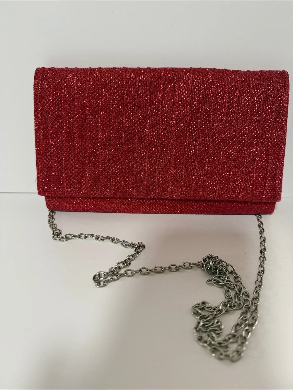 Glam Red Sparkle Clutch with Silver Chain